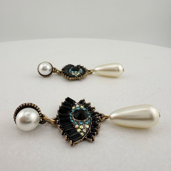 Evil Eye Rhinestone Pearl Drop Dangle Earrings - Picture 6 of 7